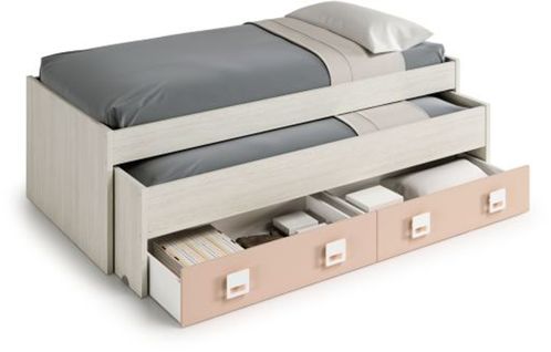 Lit Gigogne Double Coloris Blanc Alpes / Rose - 69 X 199 X 96 Cm