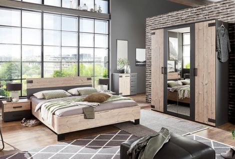 Chambre à Coucher Complète Adulte (lit 160x200 Cm + 2 Chevets + Armoire + Commode) Coloris Chêne