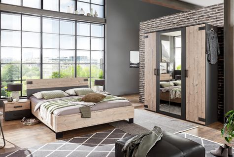 Chambre à Coucher Complète Adulte (lit 140x200 Cm + 2 Chevets + Armoire) Coloris Chêne