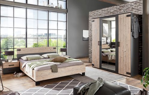 Chambre à Coucher Complète Adulte (lit 180x200 Cm + 2 Chevets + Armoire), Coloris Chêne