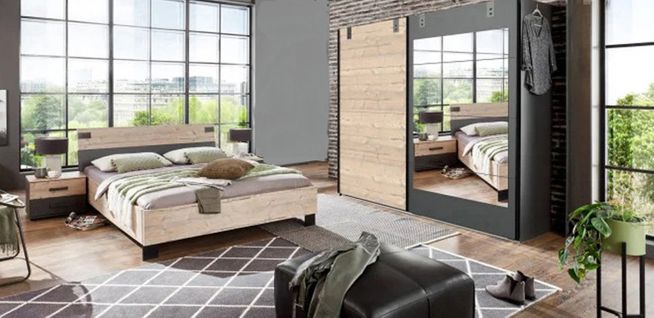 Chambre à Coucher Complète Adulte (lit 140x200 Cm + 2 Chevets + Armoire) Coloris Chêne