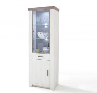 Vitrine En Pin Blanc Et Chêne Neslon Avec LED - L.74 X H.210 X P.45 Cm