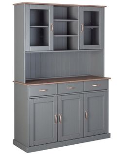 Vaisselier / Vitrine En Pin Massif Foncé Et Gris - L.131 X H.191 X P.45 Cm