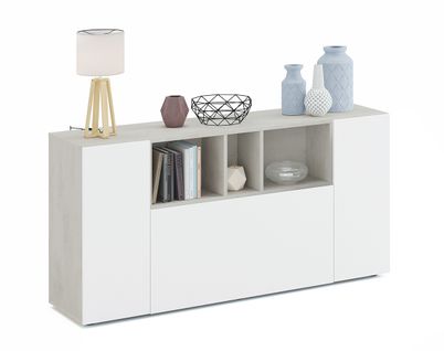 Buffet Meuble De Rangement Avec 3 Portes Coloris Béton / Blanc Artic.