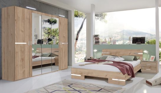 Chambre à coucher Adulte (lit 140x190 Cm + 2 Chevets + Armoire) imitation chêne artisan/chrome