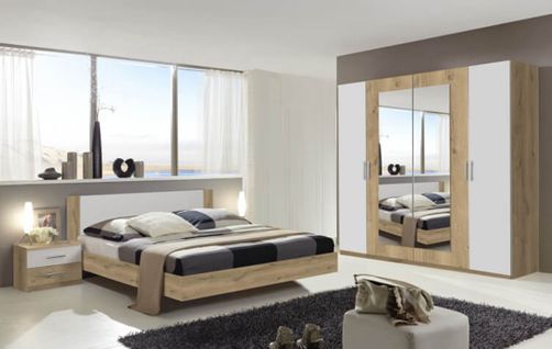 Chambre à coucher Adulte (lit 160x200 Cm + 2 Chevets + Armoire) coloris chêne poutre