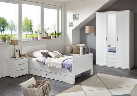 Chambre à Coucher Complète Enfant (lit 90x200 Cm+ Tiroir + Chevet + Armoire) Coloris Blanc