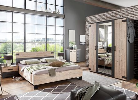 Chambre à Coucher Complète Adulte (lit 140x200 Cm + 2 Chevets + Armoire + Commode) Coloris Chêne