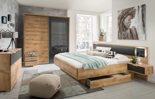 Chambre à Coucher (lit King Size + 2 Chevets + Armoire + Commode) imitation chêne poutre/graphite