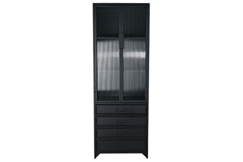 Armoire Vitrine En Métal Noir Avec 4 Tiroirs 2 Portes Et 2 Étagères - L. 60 X H. 170 X P. 40 Cm