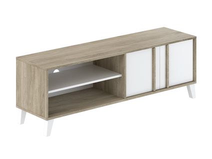 Meuble TV En Mélaminé Coloris Marron Clair / Blanc - Longueur 150 X Profondeur 40 X Hauteur 50 Cm
