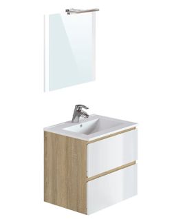 Meuble De Salle De Bain En Mélamine Coloris Chêne / Blanc - L. 60 X P. 45 X H. 85 Cm