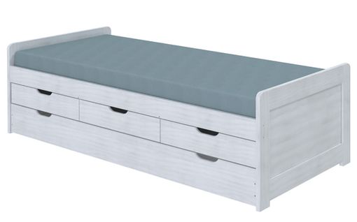Lit Enfant Gigogne 90x200 Cm Avec Rangements En Pin Massif Coloris Blanc - L. 205 X P. 98 X H. 63 Cm
