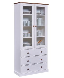 Vaisselier Vitrine En Pin Massif Vernis Blanc/sépia - Longueur 90 X Profondeur 38 X Hauteur 190 Cm