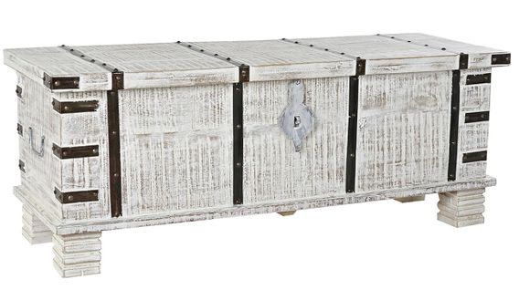 Coffre En Bois De Manguier Coloris Blanc Et Métal Noir - L. 116 X P. 40 X H. 45 Cm