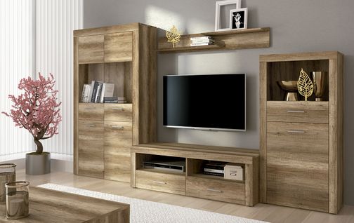 Ensemble De Salon Meuble TV + Étagère Murale + Vitrine Haute + Buffet Coloris Chêne Chêne Vieilli