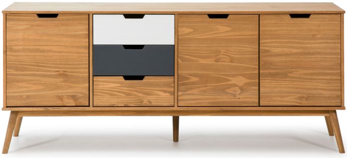 Buffet En Pin Massif Blanc Et Gris, Meuble De Rangement Coloris Naturel - L. 171 X P. 40 X H. 80 Cm