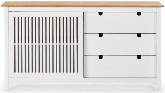 Buffet Bas En Pin Massif Décor Ciré Chêne Et Blanc, Meuble De Rangement - L. 150 X P. 40 X H. 80 Cm