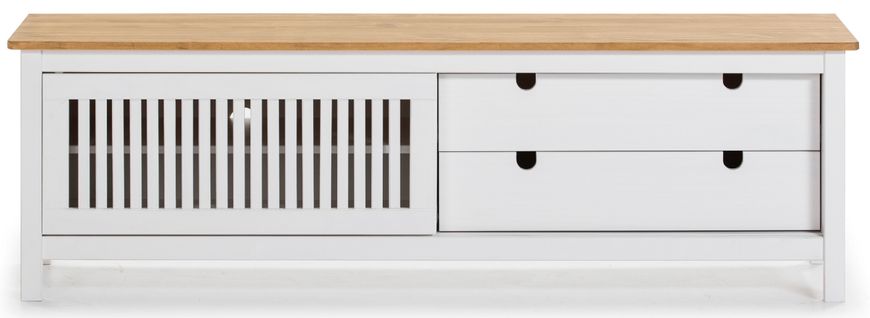 Meuble TV En Pin Massif Décor Ciré Chêne Et Blanc, Meuble De Rangement - L. 158 X P. 40 X H. 49.6 Cm