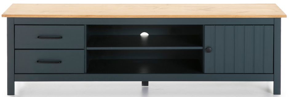 Meuble TV En Pin Massif Décor Ciré Chêne Et Bleu, Meuble De Rangement - L. 158 X P. 40 X H. 47 Cm