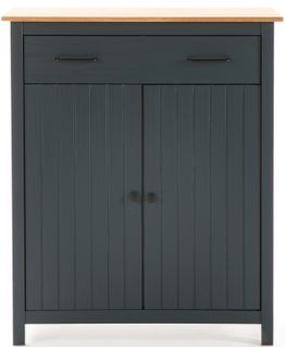 Meuble De Rangement En Pin Massif Décor Ciré Chêne Et Bleu - L. 90 X P. 40 X H. 110 Cm