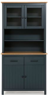 Vitrine En Pin Massif Décor Ciré Chêne Et Bleu - L. 90 X P. 40 X H. 180 Cm