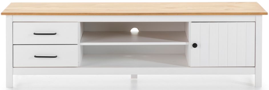 Meuble TV En Pin Massif Décor Ciré Chêne Et Blanc, Meuble De Rangement - L. 158 X P. 40 X H. 47 Cm