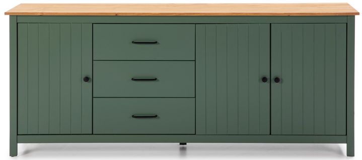 Buffet En Pin Massif Décor Ciré Chêne Et Vert, Meuble De Rangement - L. 190 X P. 40 X H. 80 Cm