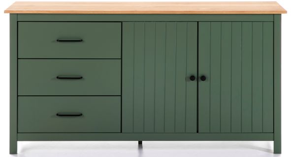 Buffet En Pin Massif Décor Ciré Chêne Et Vert, Meuble De Rangement - L. 150 X P. 40 X H. 80 Cm