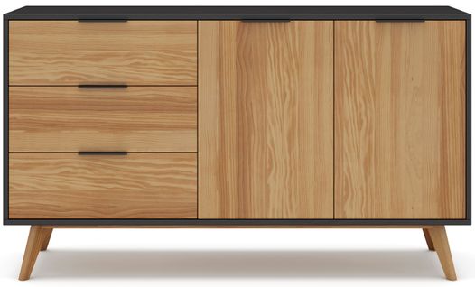 Buffet En Pin Massif Décor Ciré Naturel Et Noir, Meuble De Rangement - L. 140 X P. 40 X H. 80 Cm