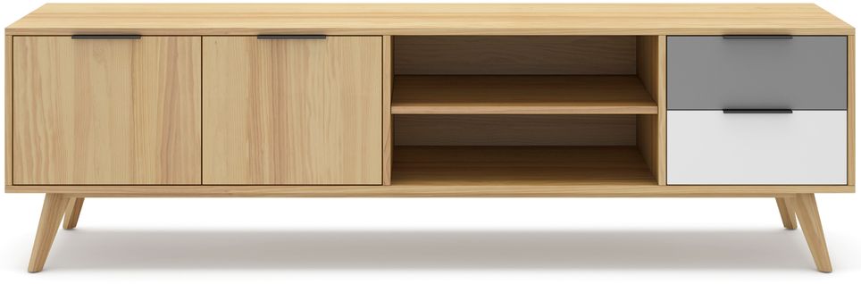 Meuble TV En Pin Massif Chêne Blanc Et Gris, Meuble De Rangement - L. 180 X P. 40 X H. 52 Cm