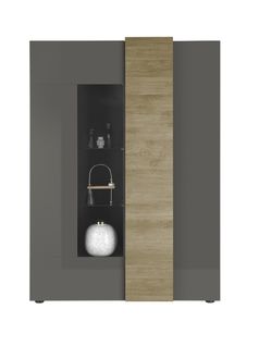 Vitrine, Meuble De Rangement Coloris Chêne, Gris Brillant  - L. 121 X H. 168 X P. 44 Cm