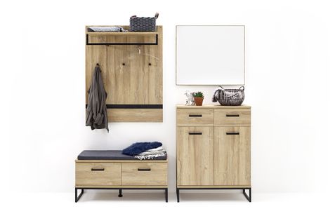 Ensemble D'entrée En Bois Panneau Mural + Commode + Miroir