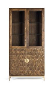 Vitrine En Bois De Manguier Et Métal Coloris Noyer, Or - L.  98 X P. 40  X H. 200 Cm