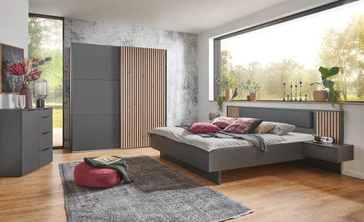 Chambre à Coucher  (armoire + Commode + Lit Adulte 180 X 200 ) graphite, imitation chêne artisan