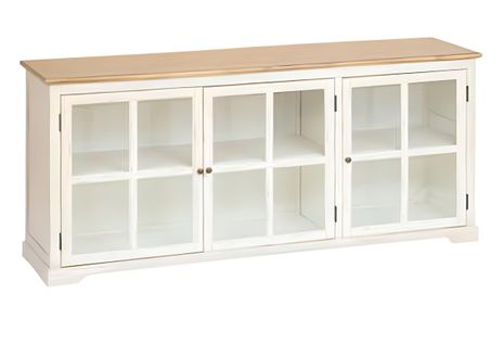 Buffet, Meuble De Rangement Avec 3 Portes En Bois Naturel , Blanc Et Verre