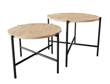 Lot De 2 Tables D'appoints Rondes En Bois Et Métal Coloris Chêne Cambrian, Noir
