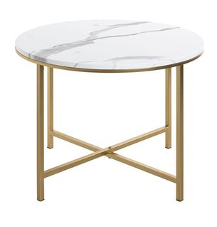 Table D'appoint Ronde En Métal Coloris Doré Et  Mdf Imitation Marbre - Diamètre 60  X Hauteur 45 Cm