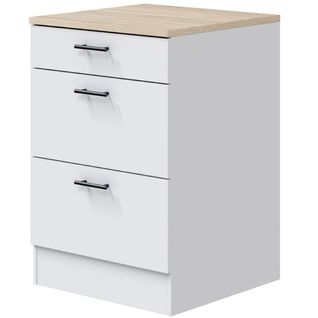 Meuble Bas De Cuisine De 3 Tiroirs Avec Plan De Travail  Coloris Blanc Brillant /chêne Canadien