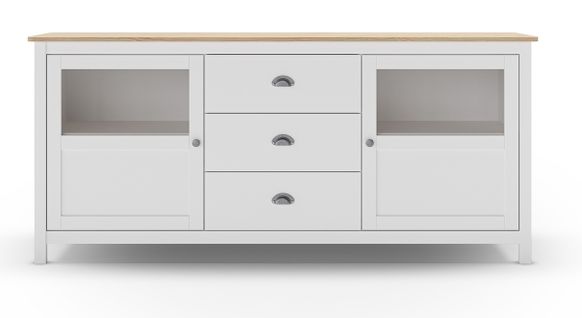 Buffet, Commode De Rangement Avec 3 Tiroirs Et 2 Portes En Pin Coloris Blanc, Chêne