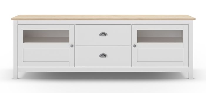 Buffet, Commode De Rangement Avec 2 Tiroirs Et 2 Portes En Pin Coloris Blanc, Chêne