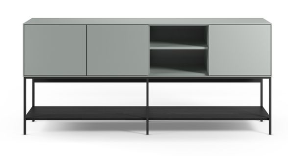 Buffet, Meuble De Rangement Aspect Bois Avec 3 Portes Coloris Vert, Pieds En Métal Noir