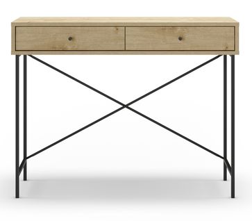 Meuble Console, Table De Console Avec 2 Tiroirs Aspect Bois Coloris Chêne Et Pieds En Métal Noir