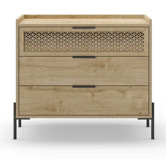 Commode, Meuble De Rangement Avec 3 Tiroirs Aspect Bois Coloris Chêne, Pieds En Métal Noir