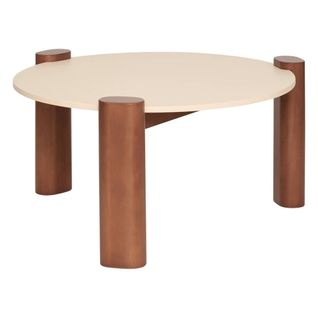 Table Basse Ronde Sur 3 Pieds Coloris Noyer/beige - Diamètre 85,5 X Hauteur 43 Cm