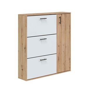 Meuble à Chaussures Avec 1 Porte Et 3 Abattants Coloris Blanc/chêne - L. 112 X H. 105 X P. 24 Cm