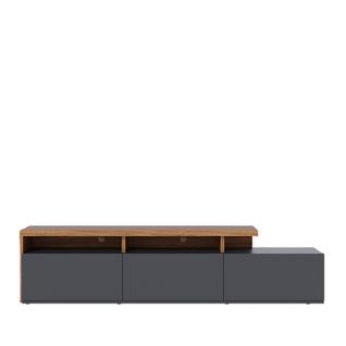 Meuble TV Bas Avec 3 Tiroirs Coloris Bois Et Noir Mat - Longueur 210 X Hauteur 51 X Profondeur 45 Cm