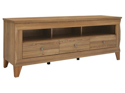 Meuble TV Avec 3 Tiroirs Soft-close Et Une Étagère Coloris Mélèze Doré - L. 156 X P. 47 X H. 64 Cm