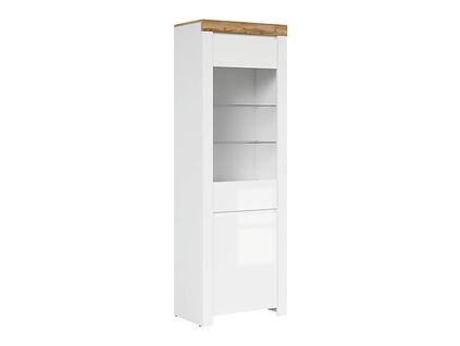 Vitrine Haute En Verre Trempé à 2 Portes,coloris Blanc/chêne Wotan - L. 68 X P. 42 X H. 203,5 Cm