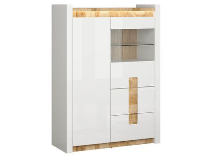Vitrine Avec 2 Portes Et 2 Tiroirs,avec Éclairage LED, Coloris Blanc Brillant/chêne Clair